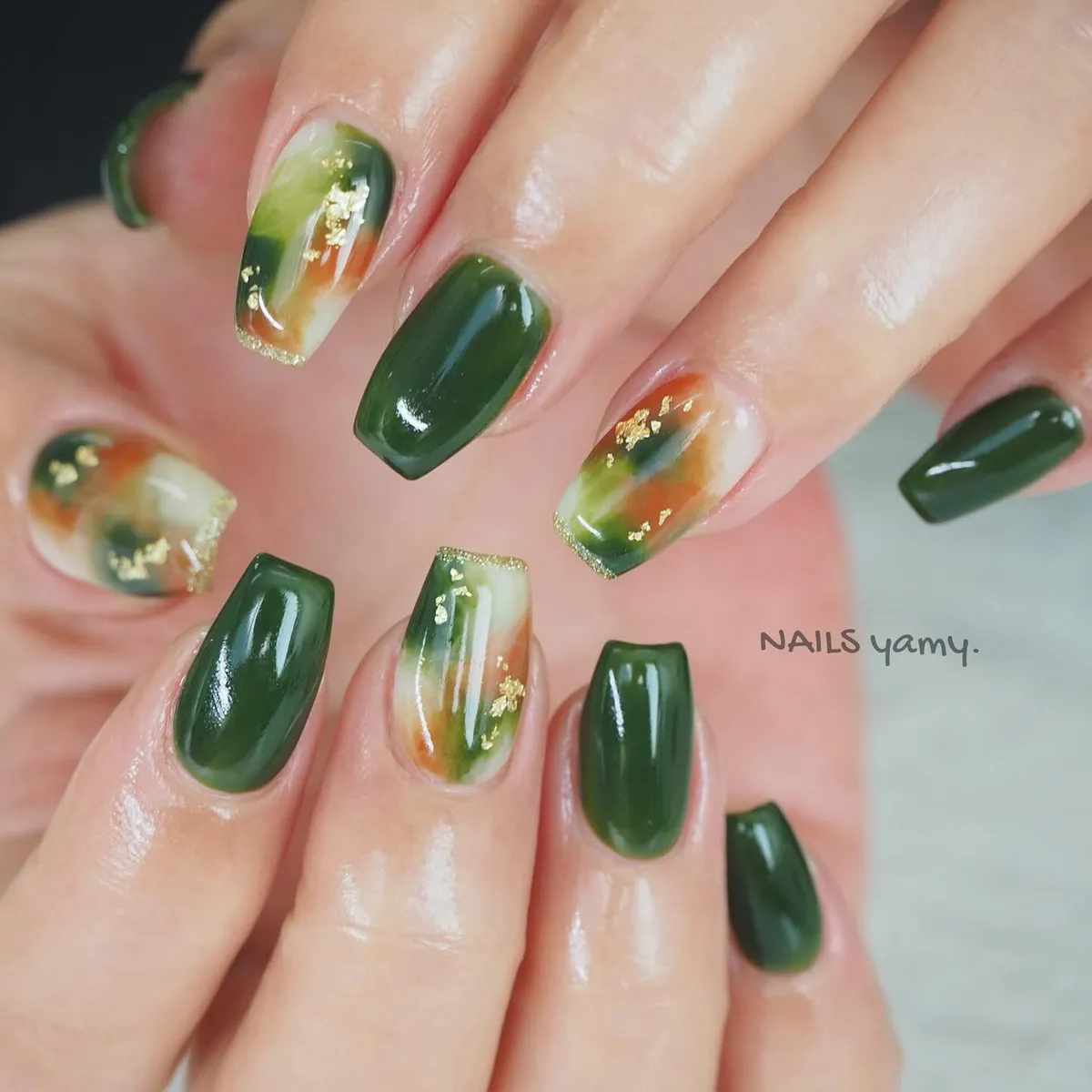 Deep green set with green-cream-orange ombre accents