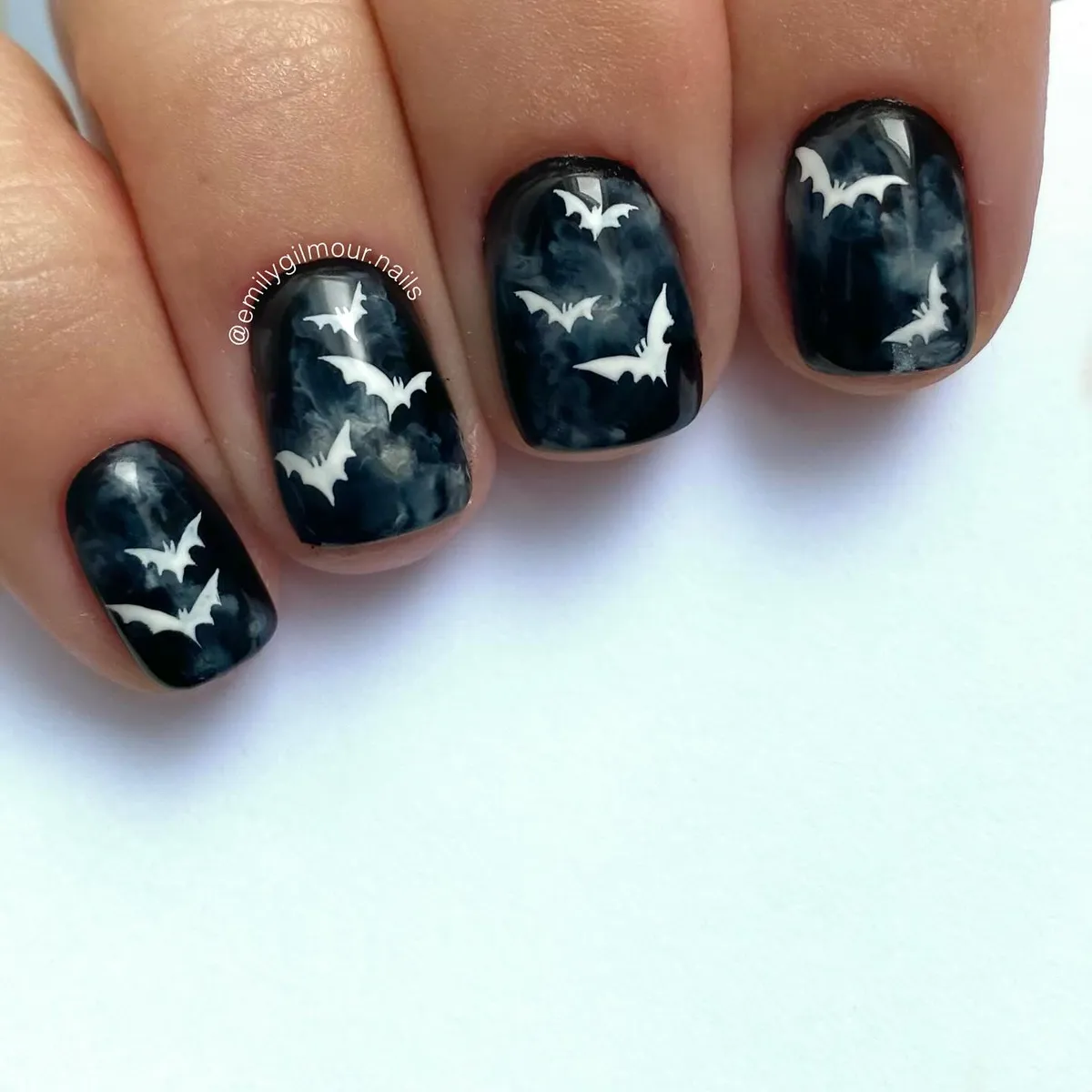 Smoky Black Nails with White Bats