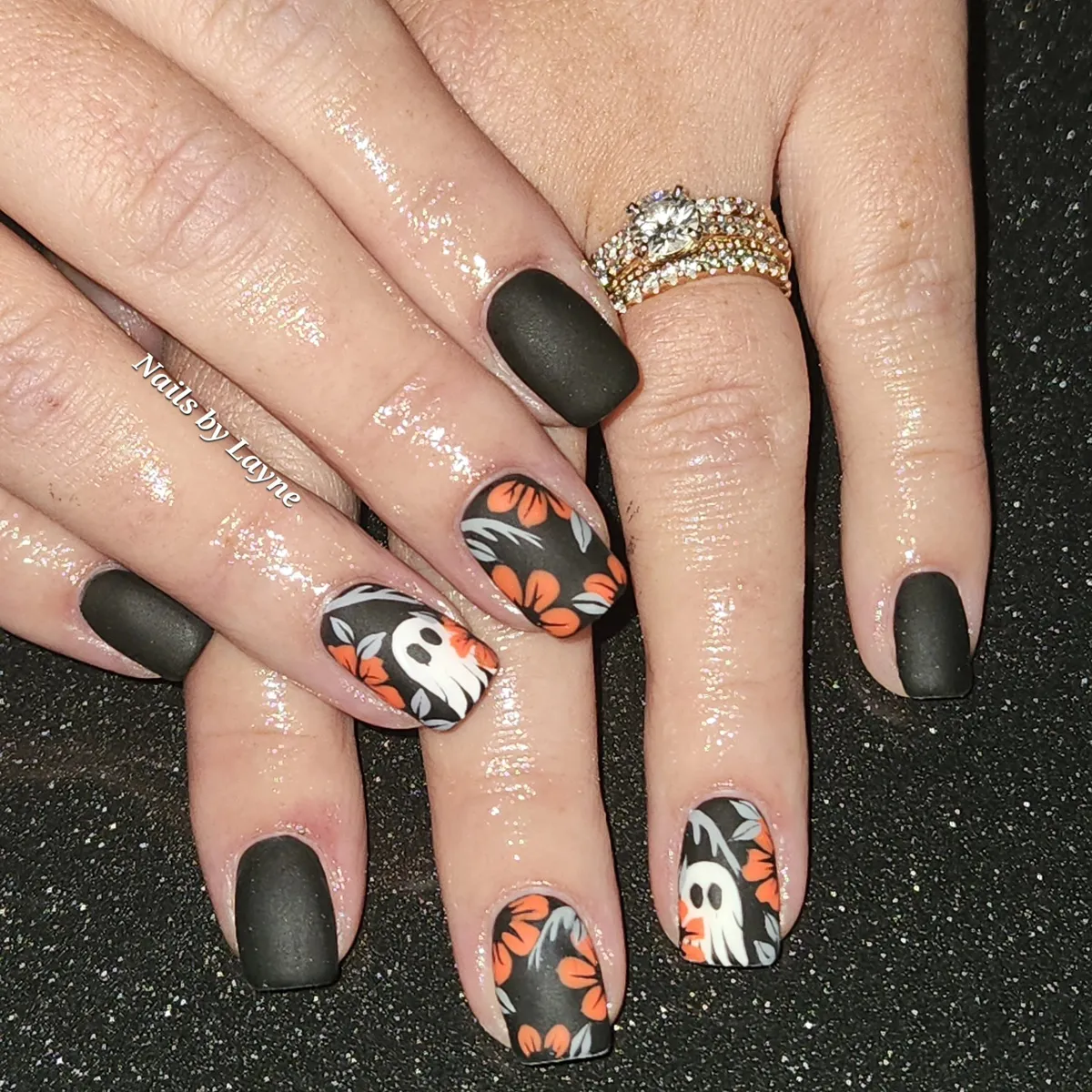 Matte Black with Orange Floral and Ghost Accents