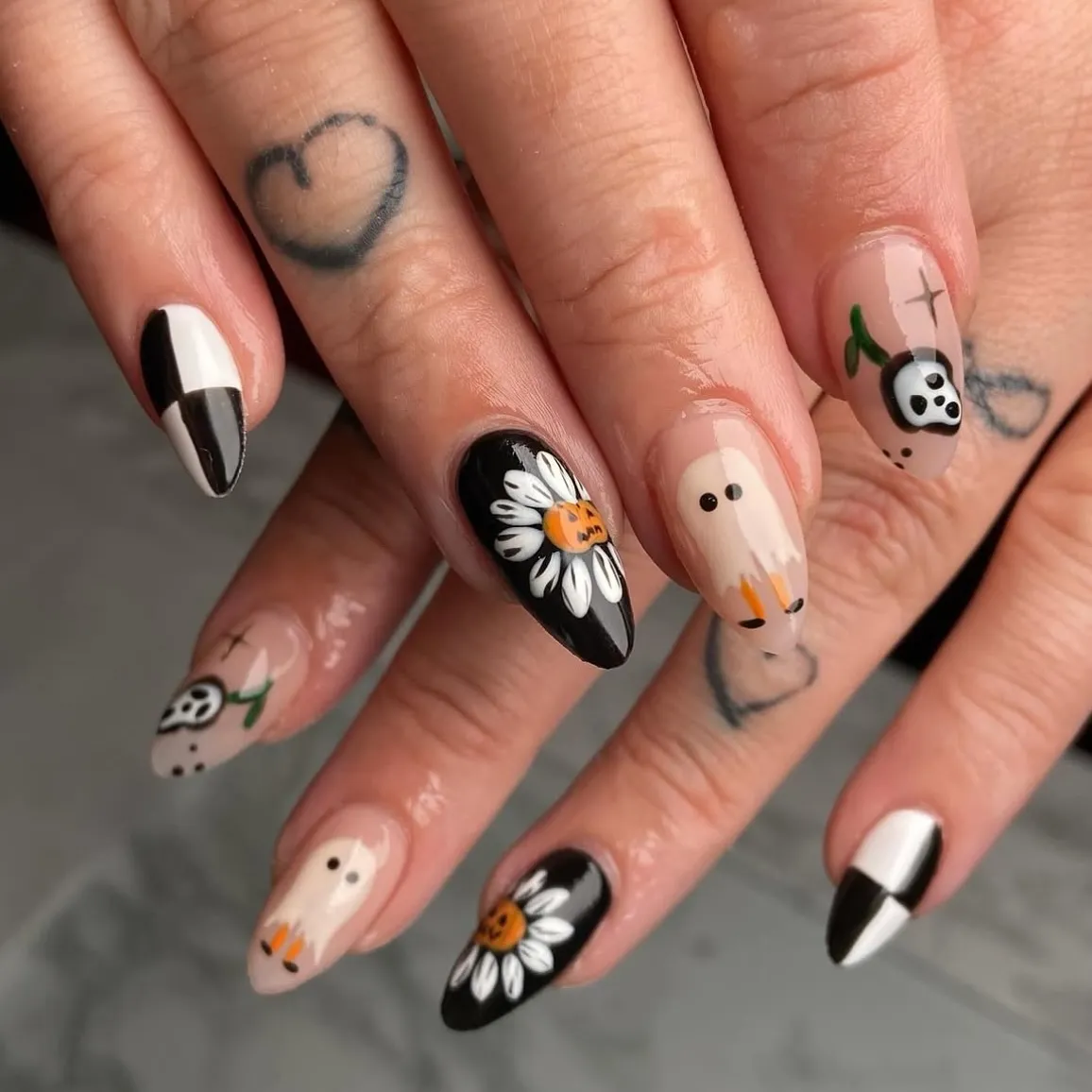 Checkerboard, Ghosts, and Pumpkin-Flower Accents on Black