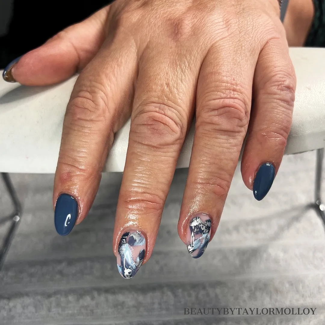 Deep blue solids with abstract blue-white-black marbled accents