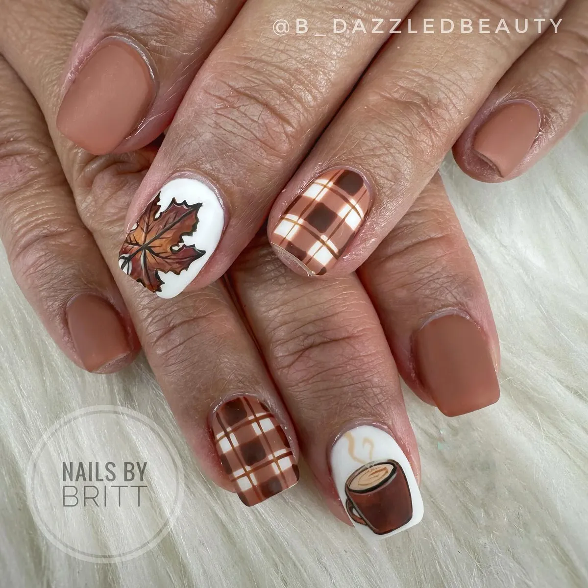 Matte brown with plaid, leaf art, and mug illustration