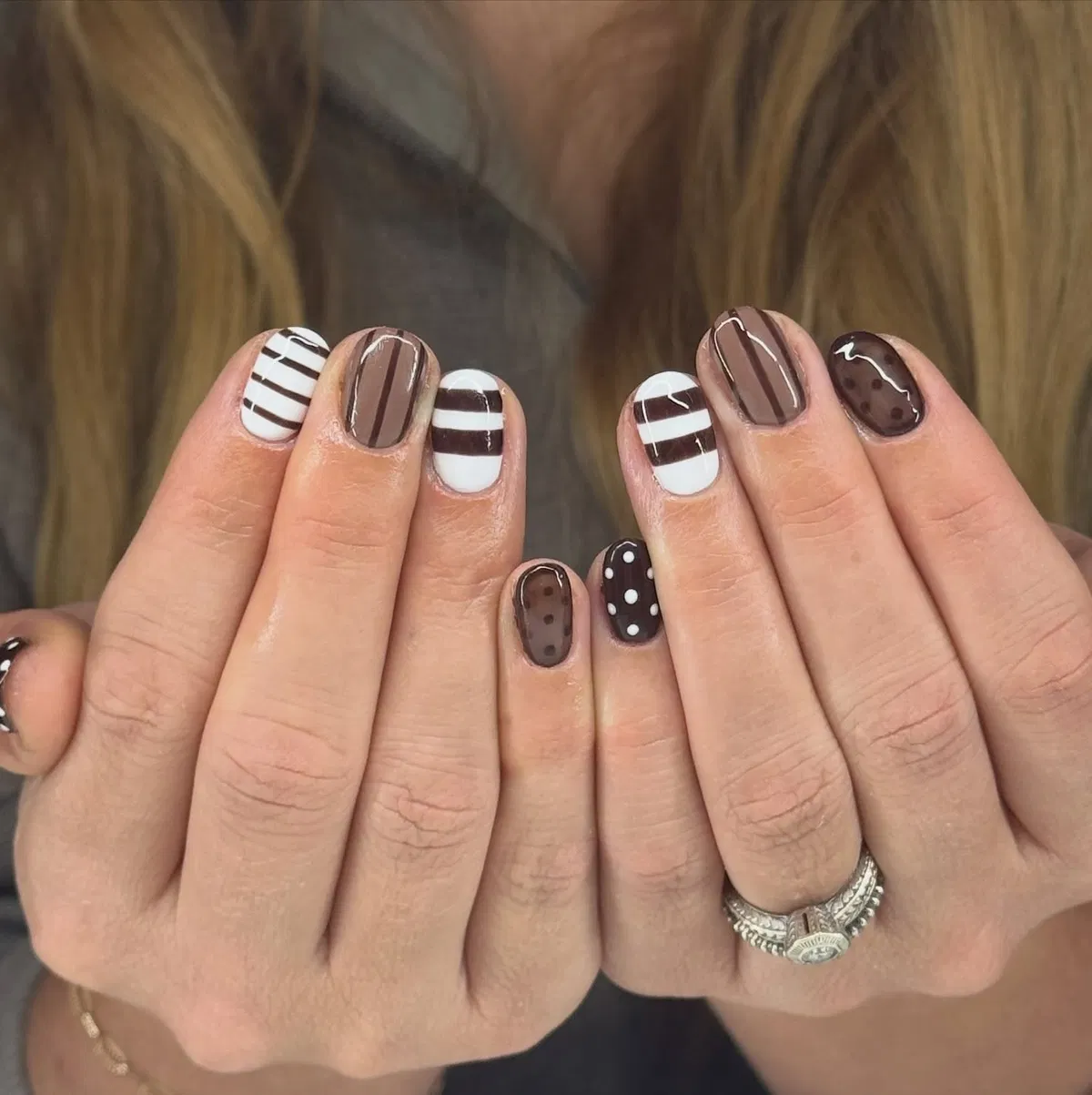 Brown and white stripe mix with polka-dot accent