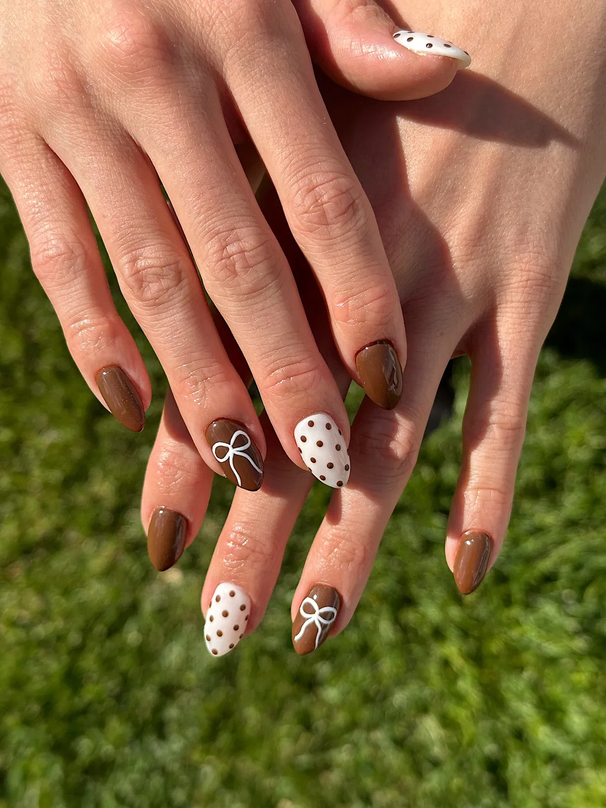 Medium-brown solids with white polka dots and bow outlines