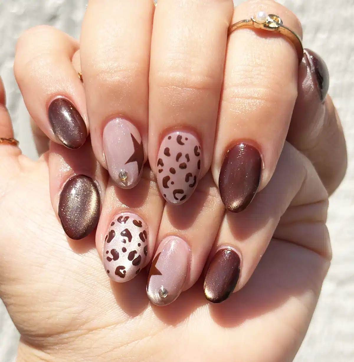 Brown shimmer with leopard accents and rhinestones