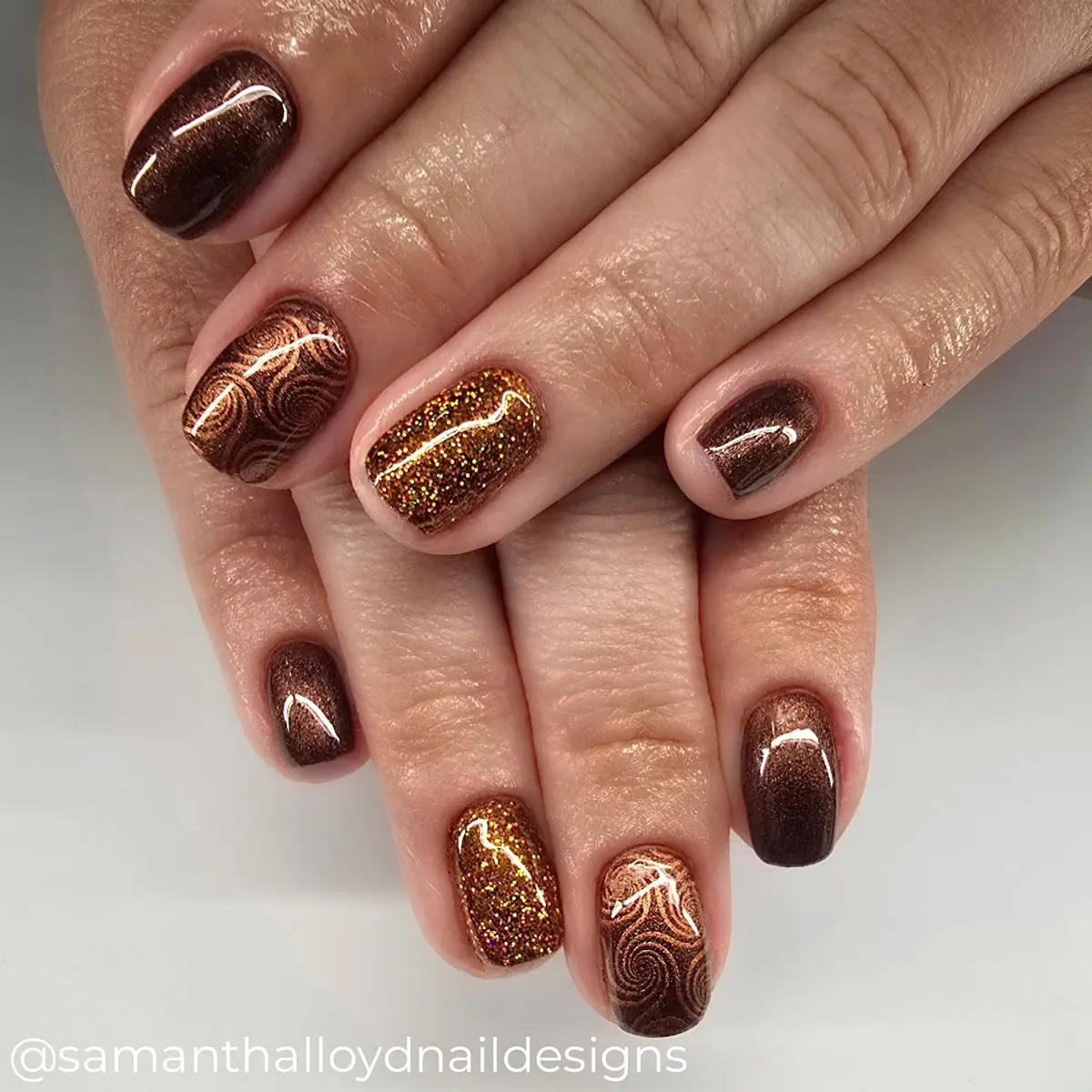 Brown mix with gold glitter and swirl-pattern accents