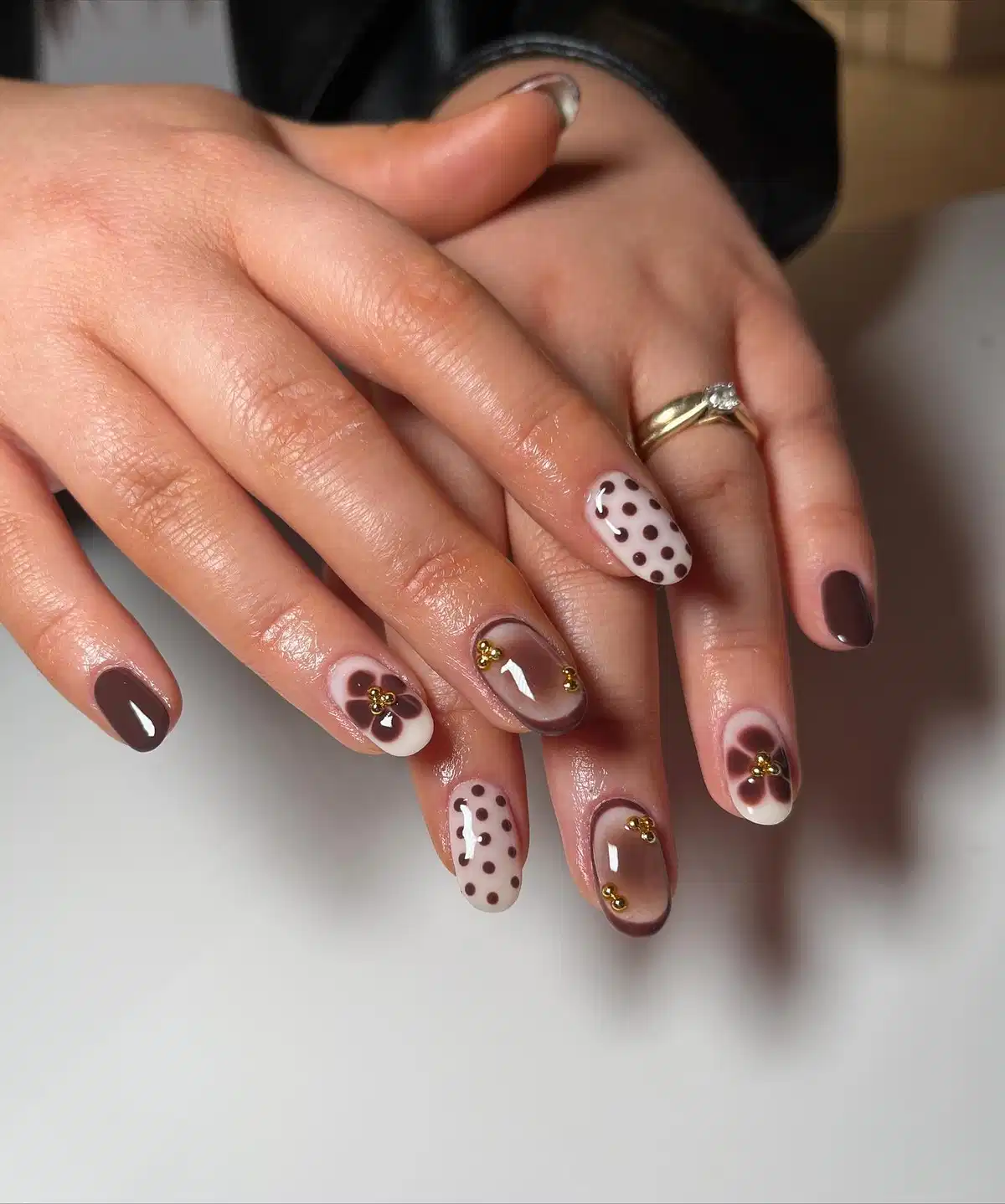 Brown mix-and-match with dots and floral accents