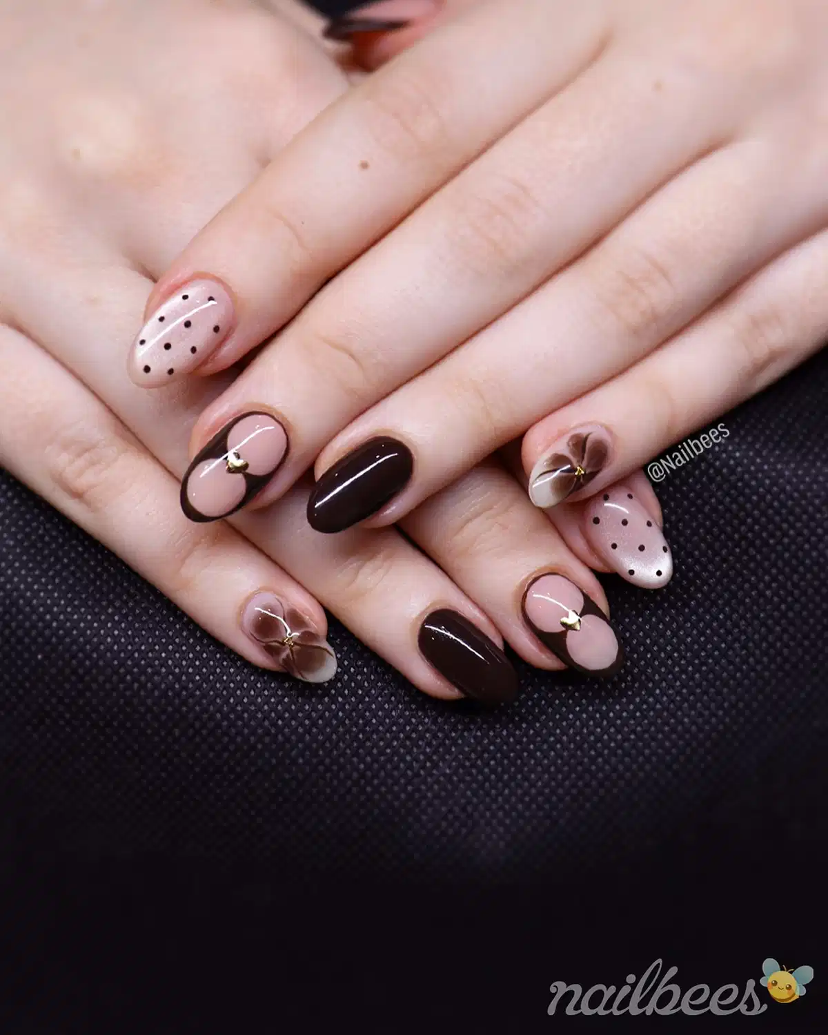 Dark brown and nude set with dots, outlines, and gold beads