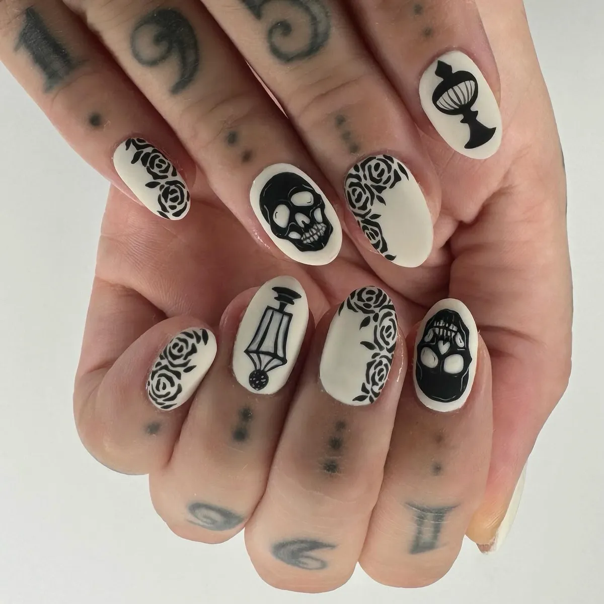 Cream and Black Gothic Motifs: Roses, Skulls, Lantern, Candy