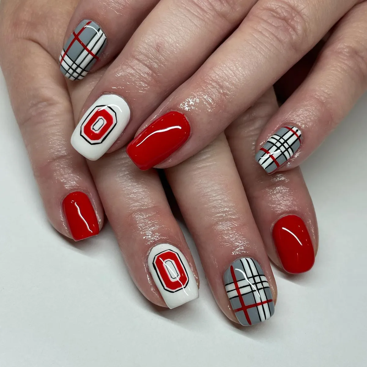 Red and White Letter "O" with Gray Plaid Accents
