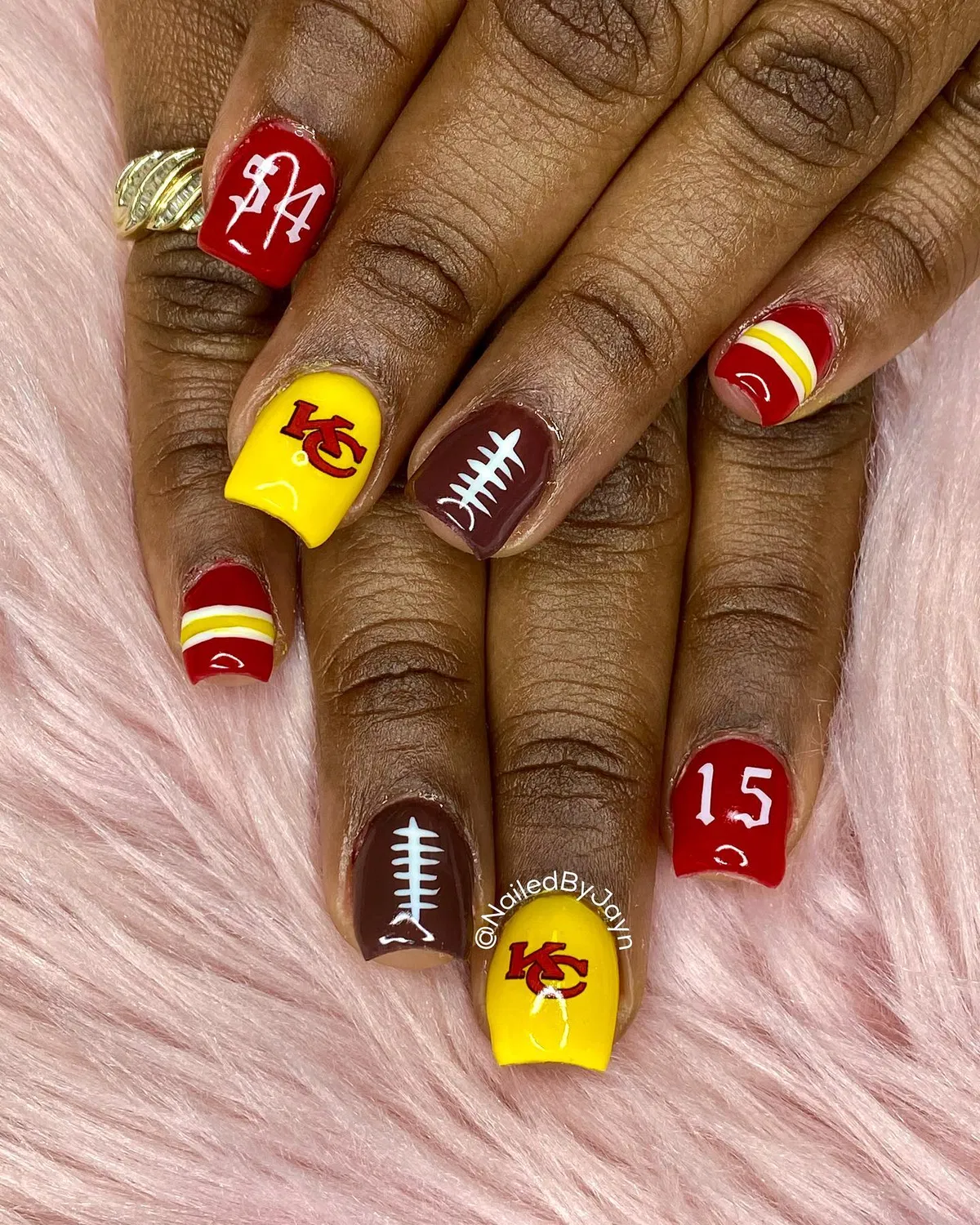 Red and Yellow Lettered Nails with Football-Lace Accents