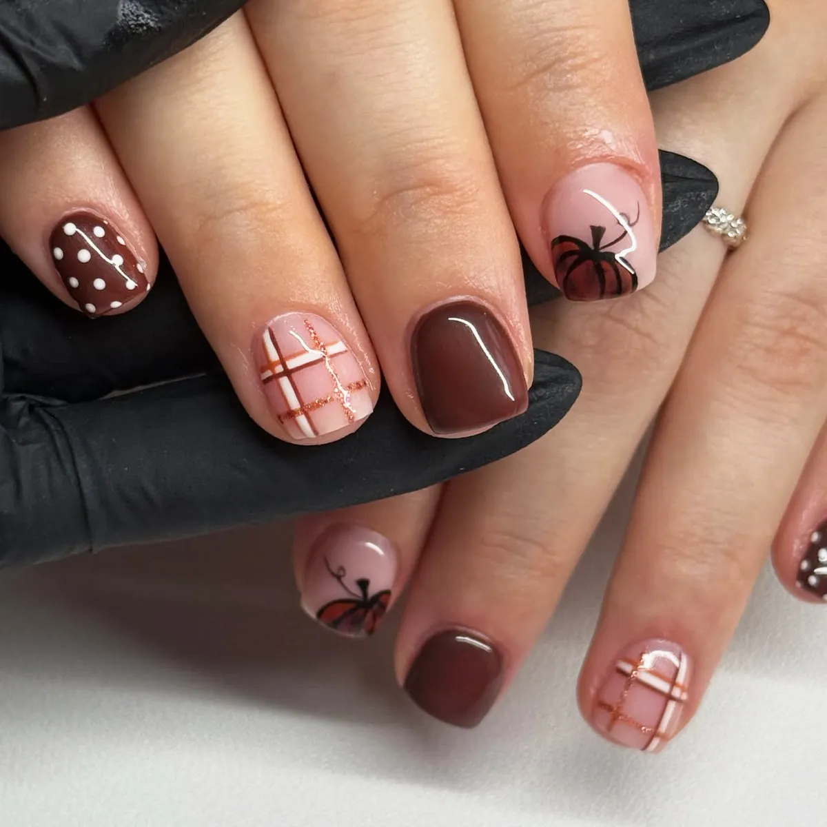 Deep brown mix with plaid, polka dots, and pumpkin art