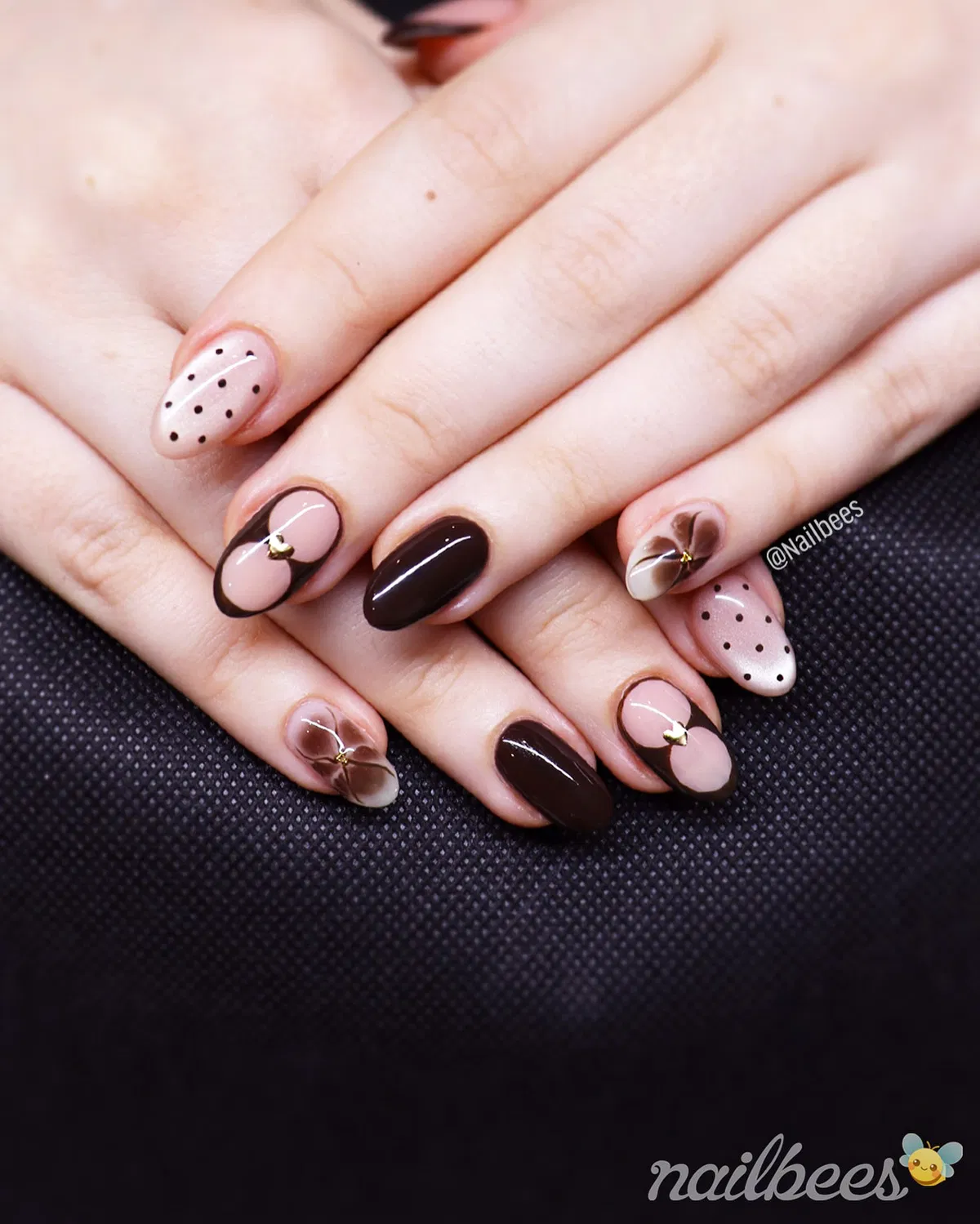 Dark brown solids with nude-pink florals and polka dots