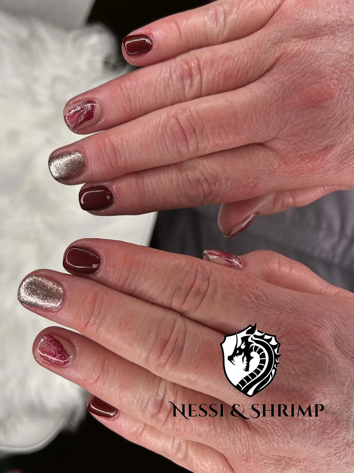 Burgundy and silver glitter mix with red glitter accents