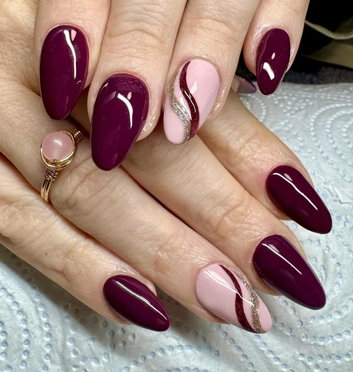 Long dark plum with pink-and-glitter wave accents