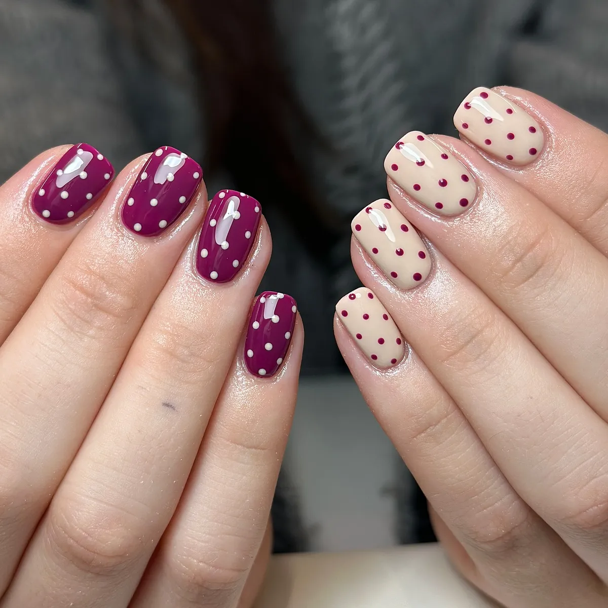 Plum and nude polka-dot mix