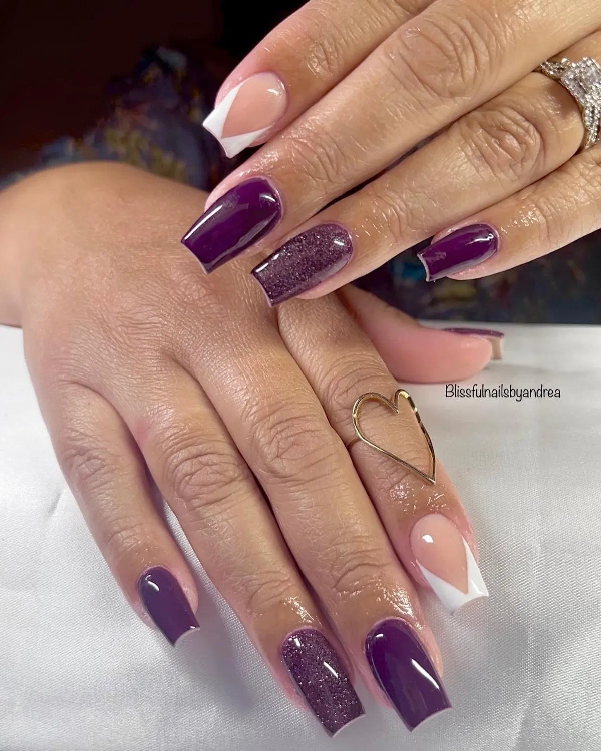 Plum solids with glitter and white diagonal tips