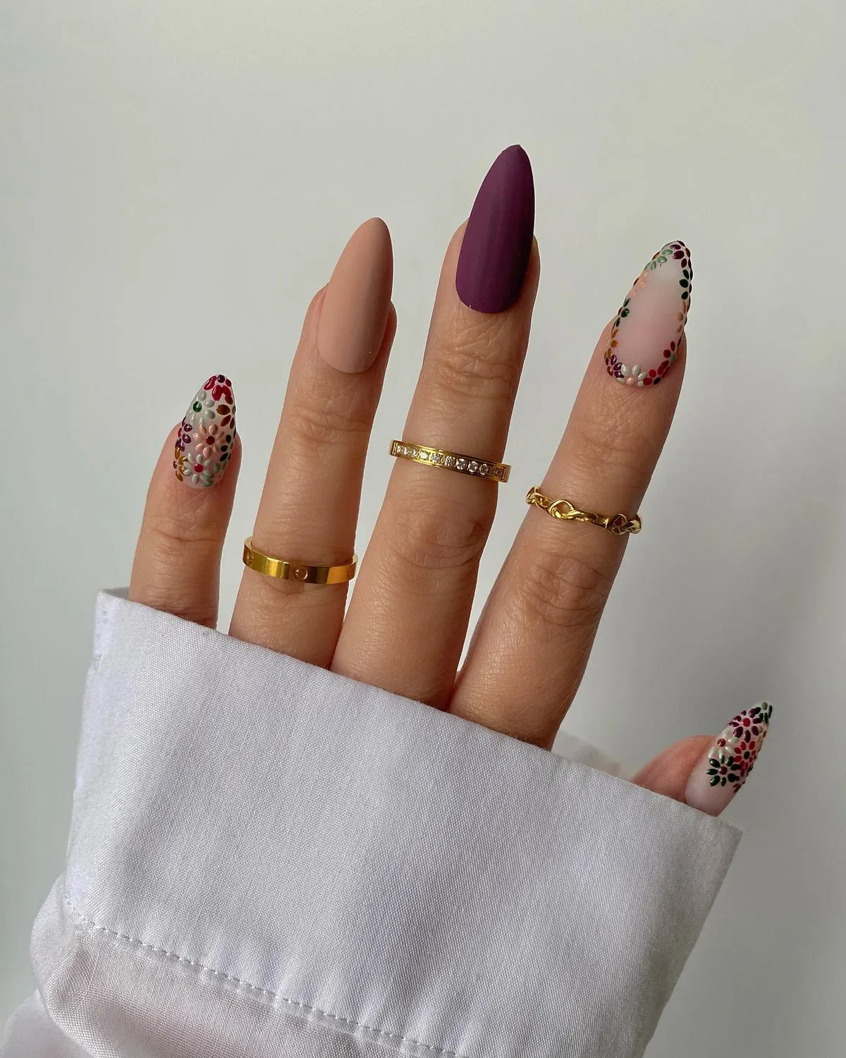 Matte plum and nude with multicolor border accents