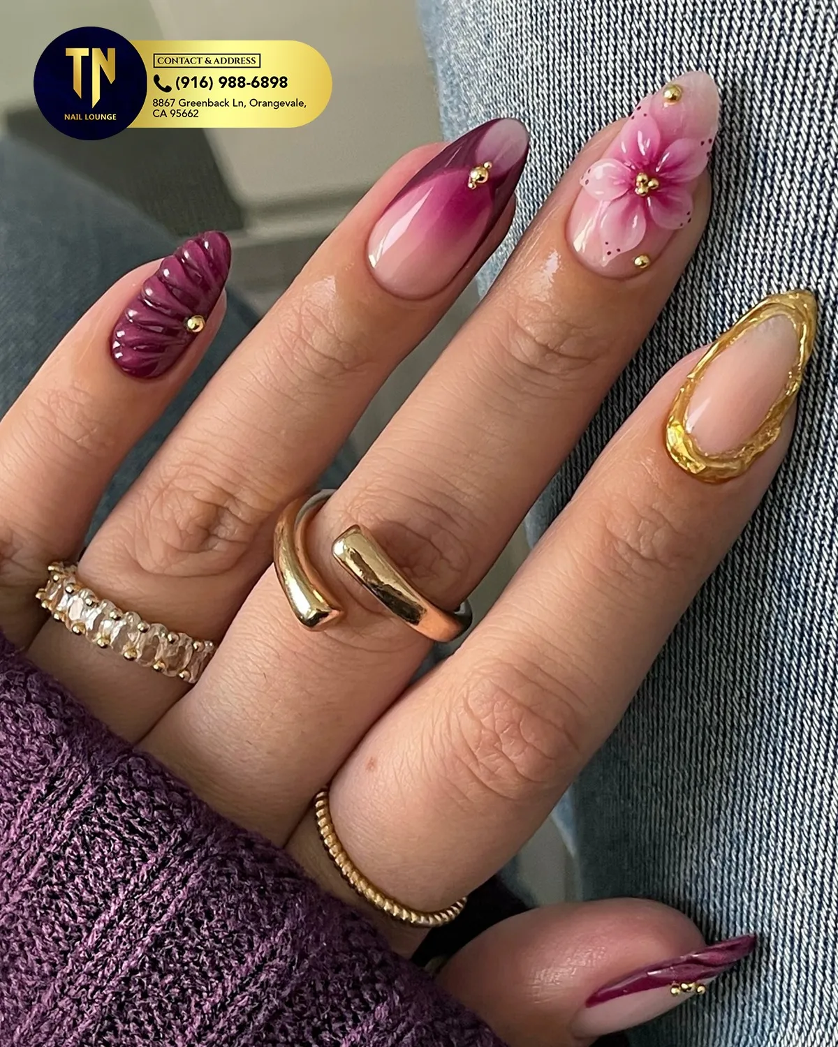 Plum gradients with floral and gold-stud accents