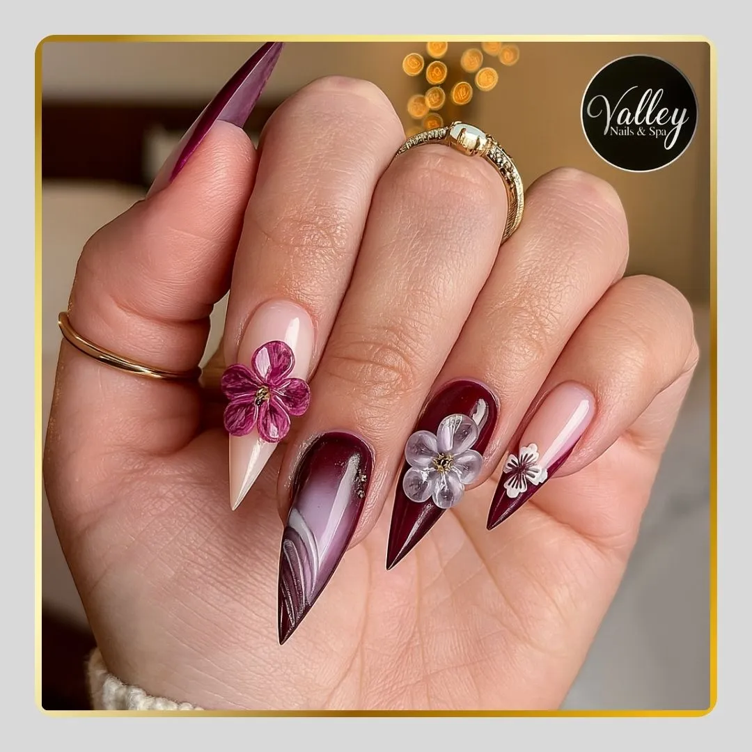 Stiletto plum and nude with 3D flowers