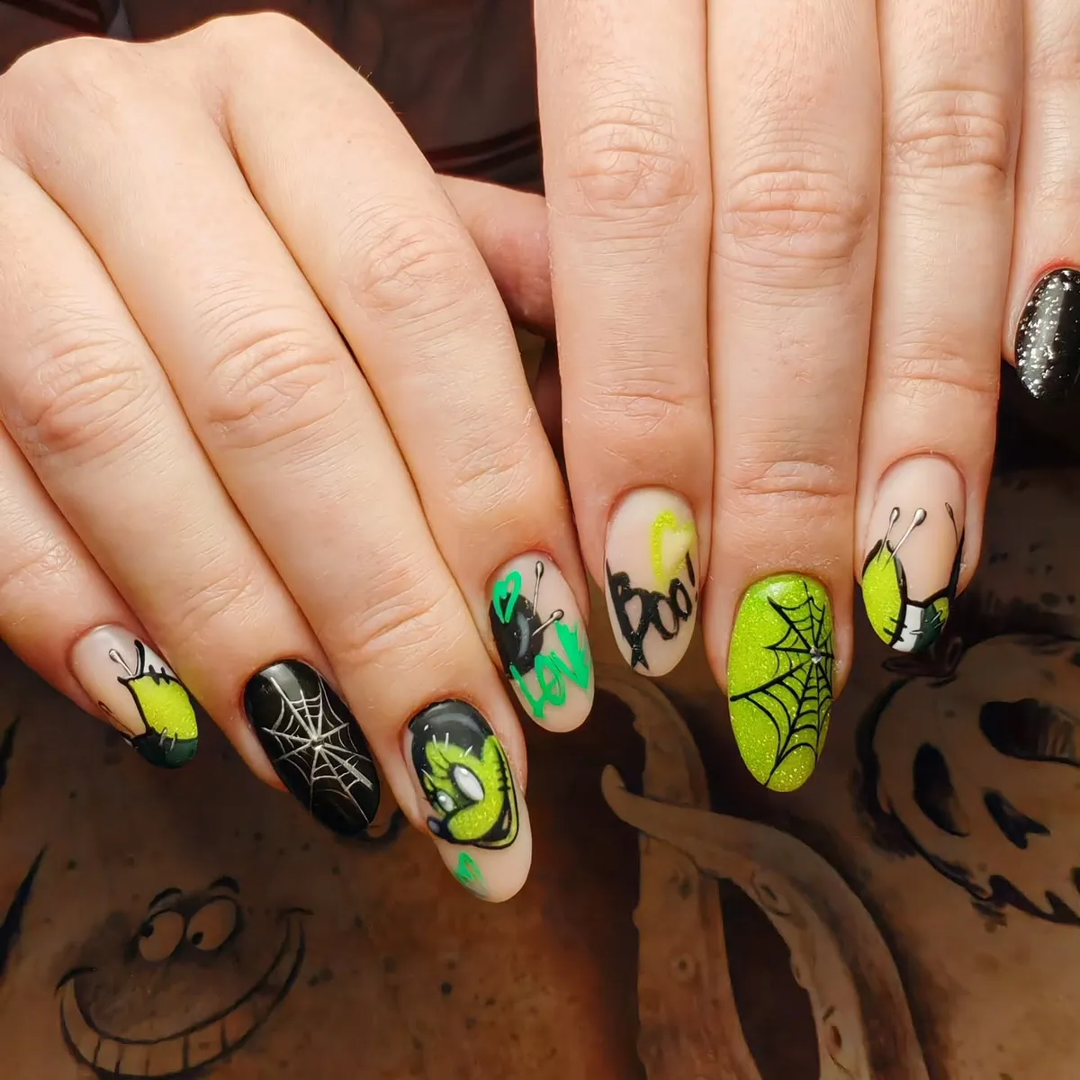 Neon Green + Black Webs with โBooโ Text