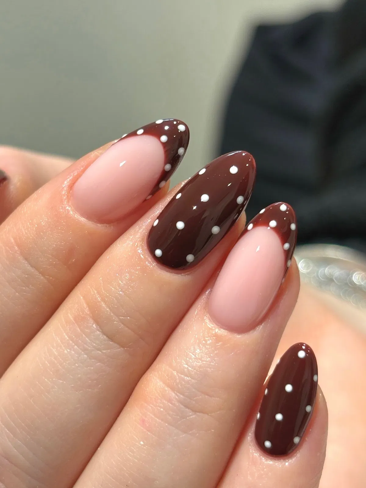 Chocolate brown polka dots with pink dotted French tips