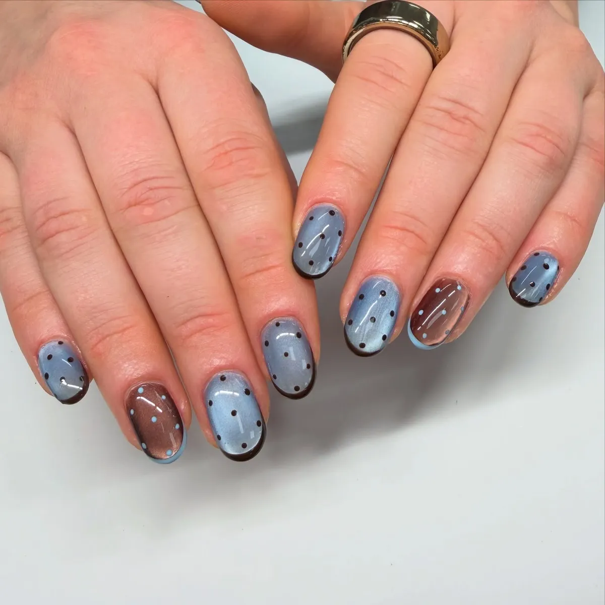 Light blue and brown dot pattern with dark edging