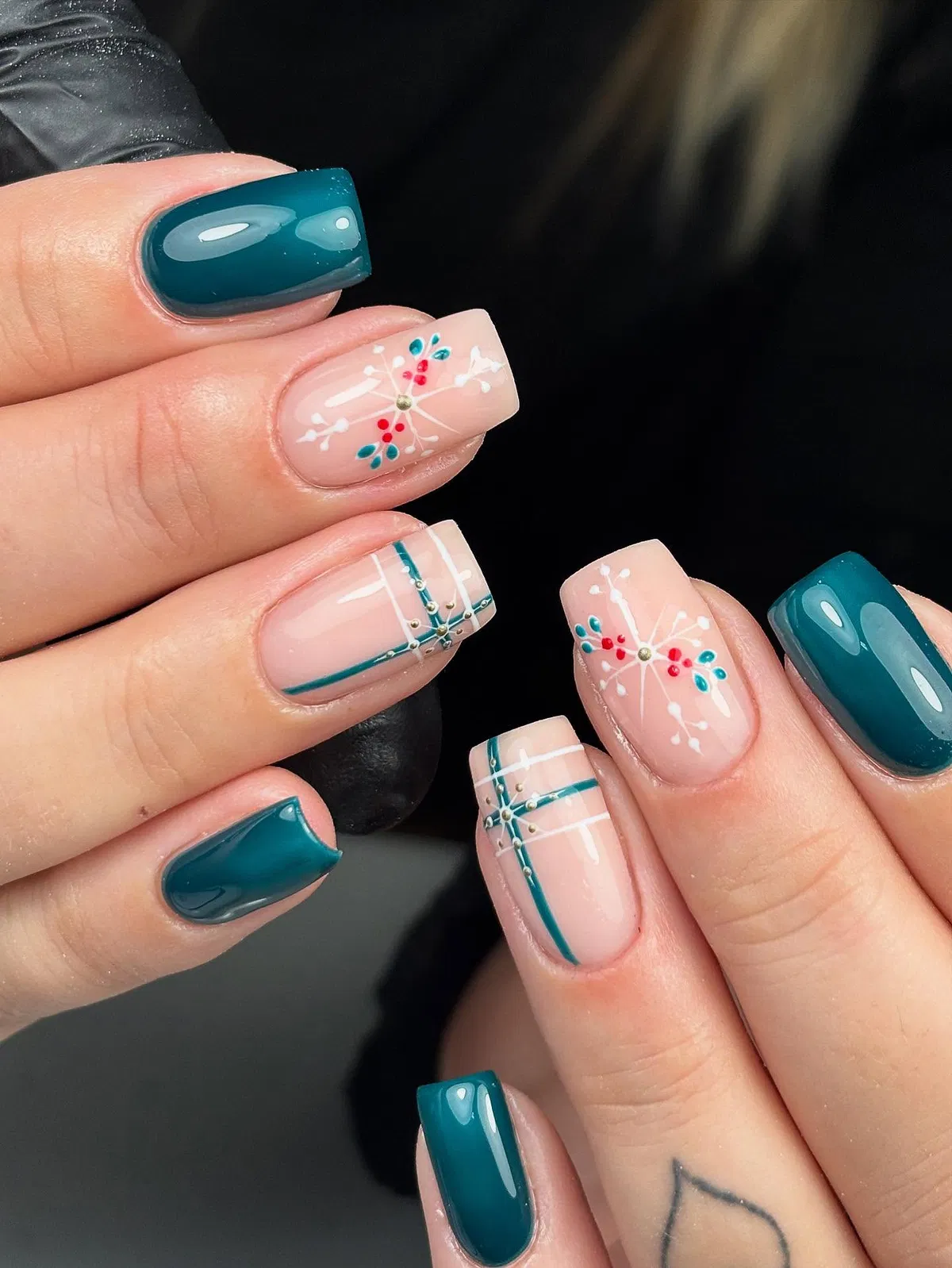 Teal solids with plaid and botanical-style accents