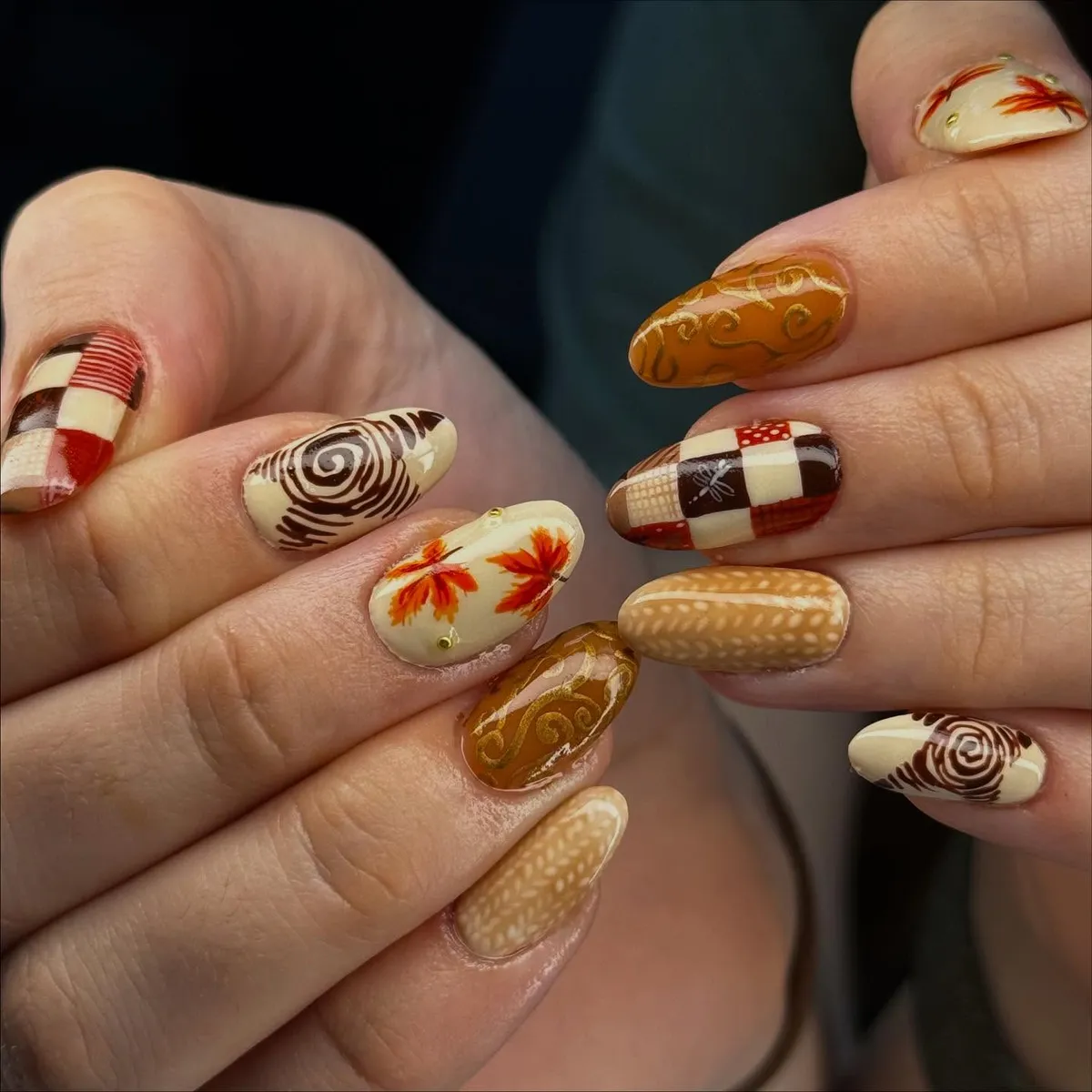 Cream-and-brown set with leaves, swirls, and patchwork blocks