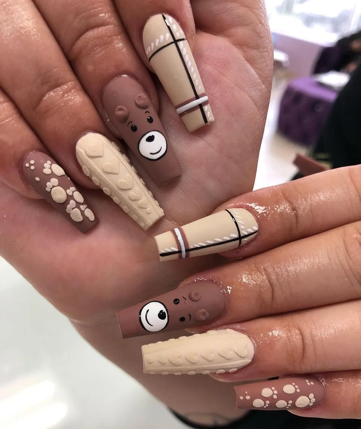 Coffin nails with 3D textures, paw prints, and bear faces