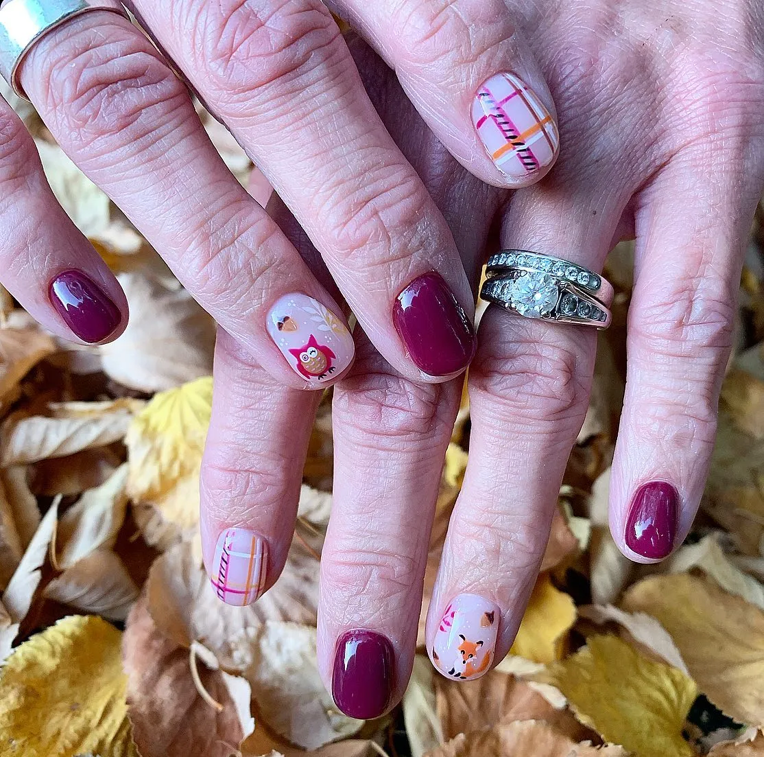 Burgundy solids with plaid and small character accents