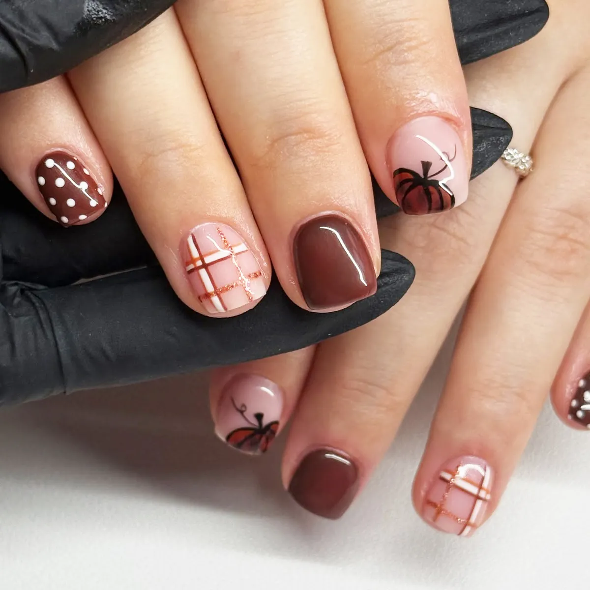 Chocolate brown mix with plaid, polka dots, and pumpkin art