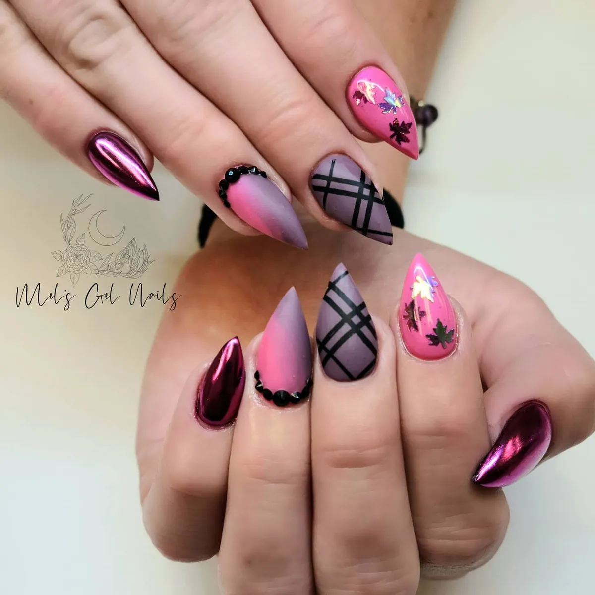 Metallic magenta with matte plaid and confetti leaf accents