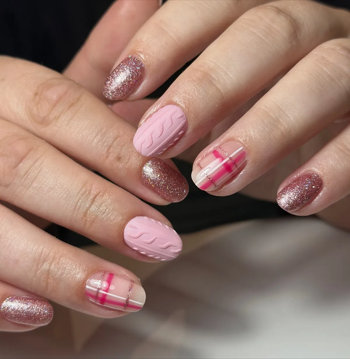 Pink texture with plaid striping and rose-gold glitter