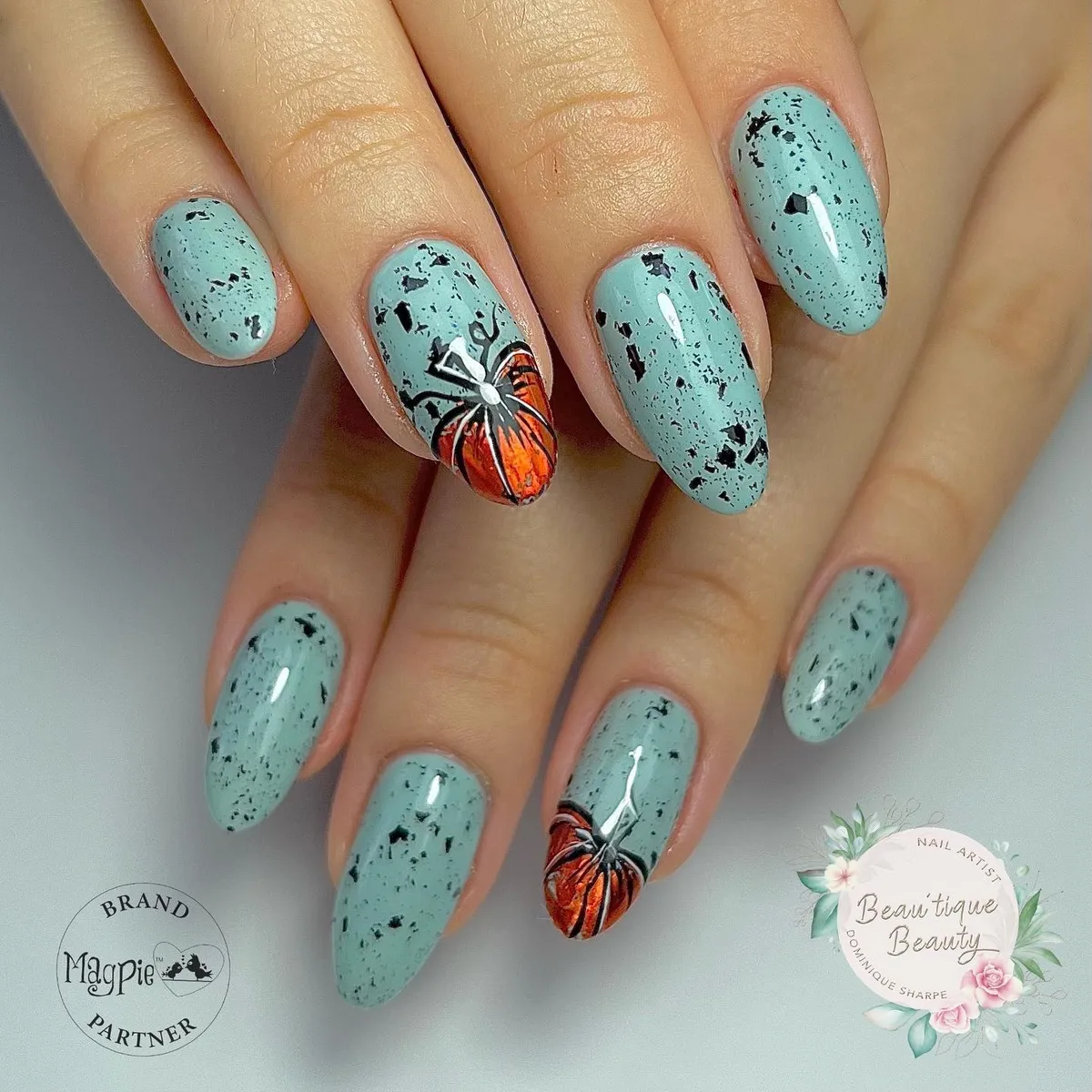 Speckled blue-green with pumpkin accents