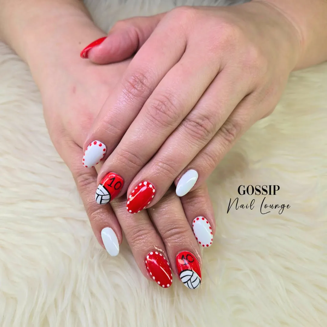 Red-and-white dotted borders with “10” and ball graphic