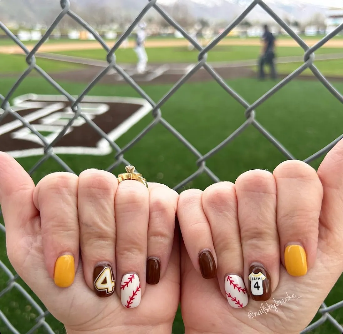 Mustard, brown, and baseball-stitch accents with number details