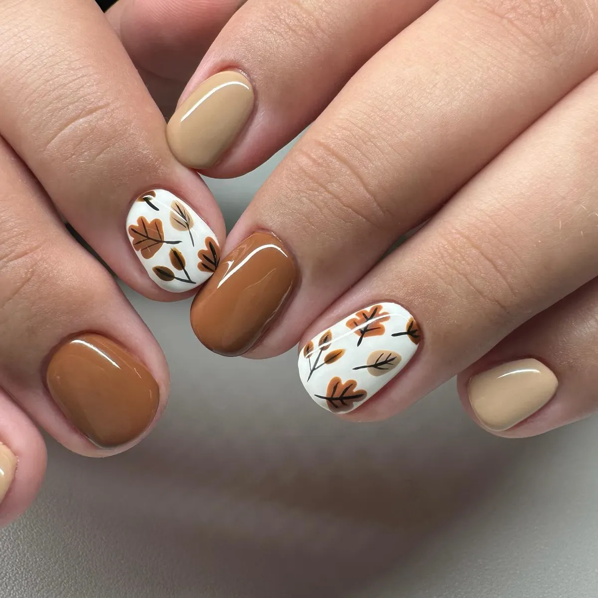 Beige and caramel with white leaf accents