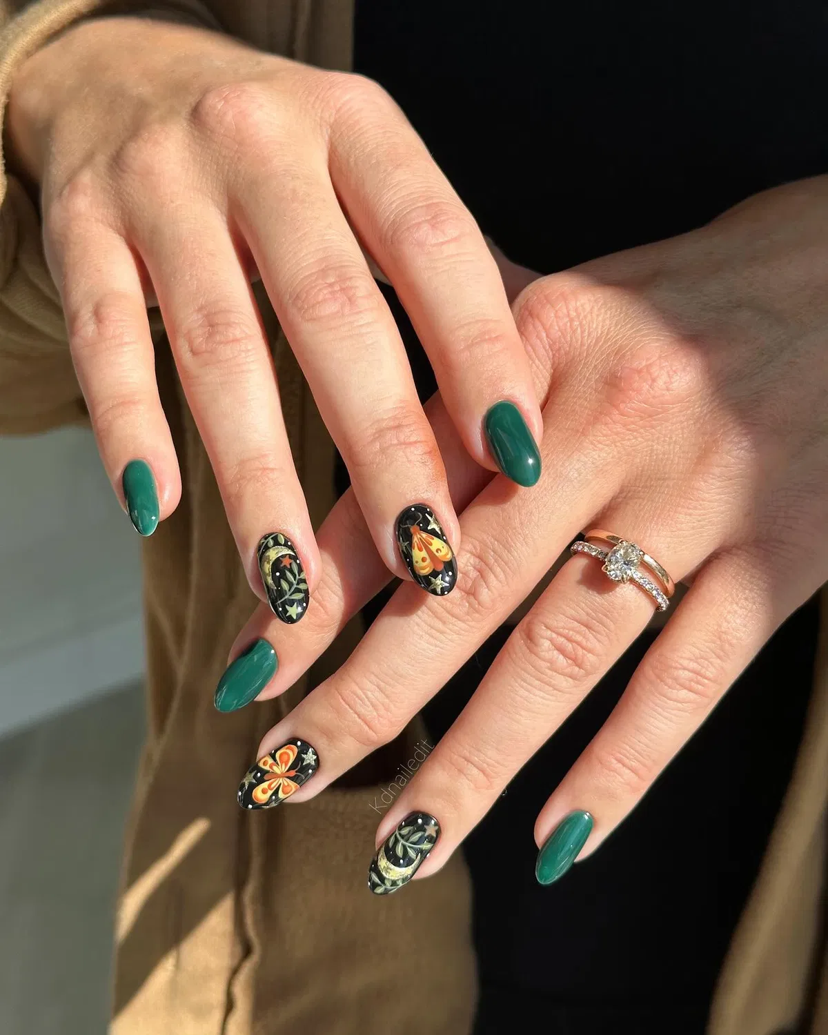 Deep green solids with butterfly-and-stars accents