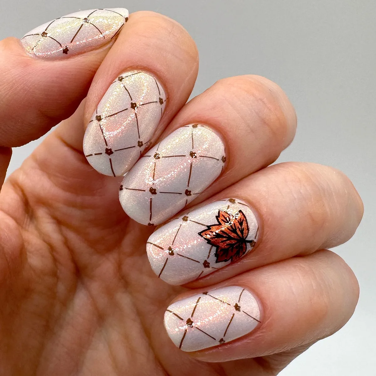 Shimmery grid with gold studs and leaf accent