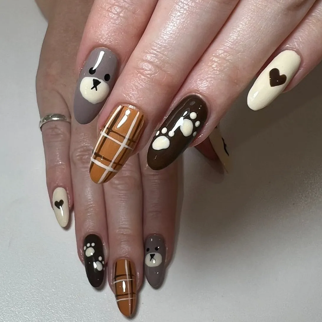 Bear, hearts, paw prints, and tan plaid mix
