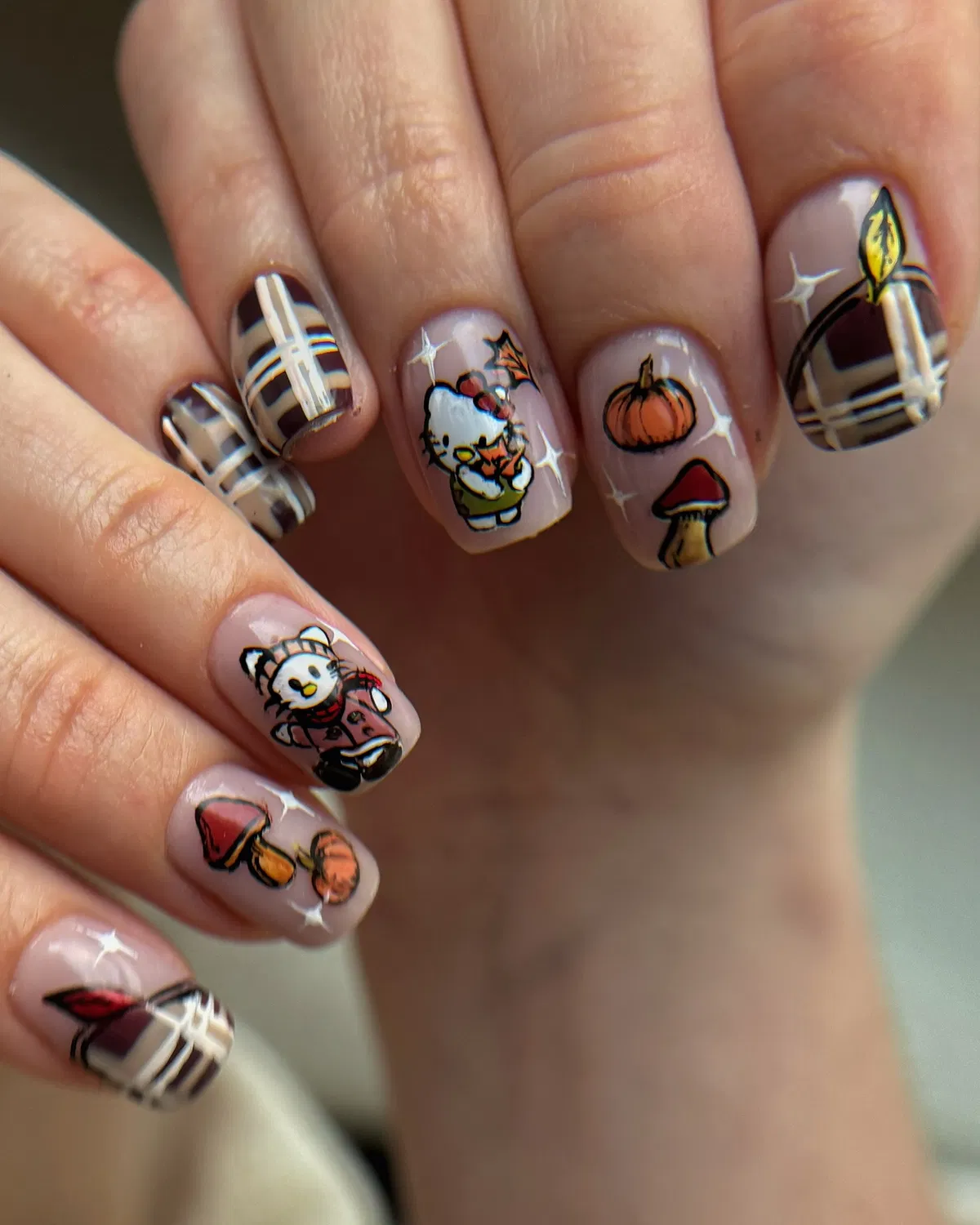 Brown plaid with cartoon and cozy illustrations