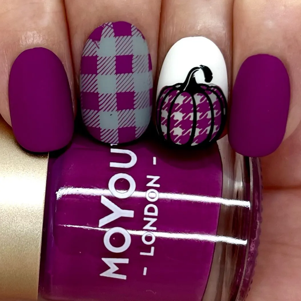 Matte purple with checkered accent and pumpkin graphic