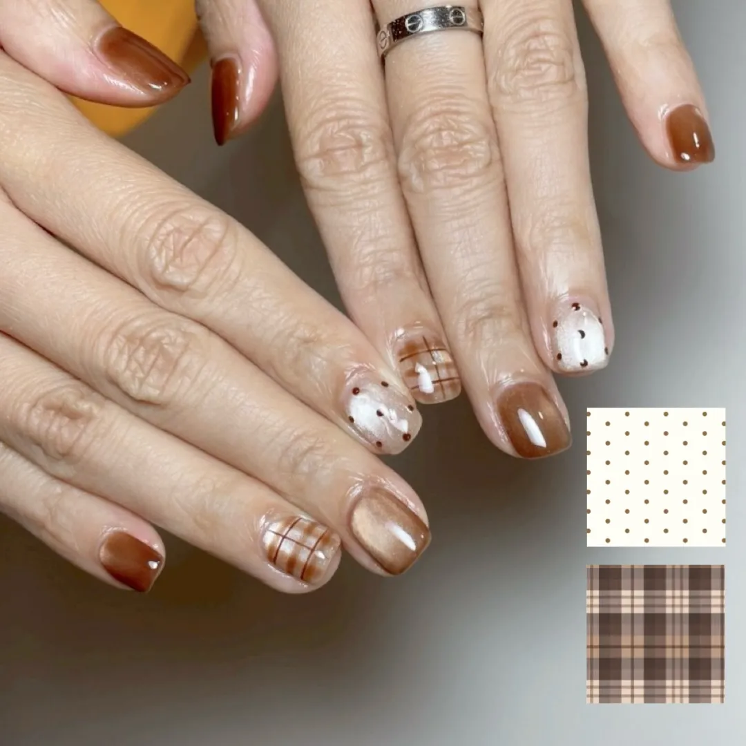 Brown solids with sheer dotted and plaid accents