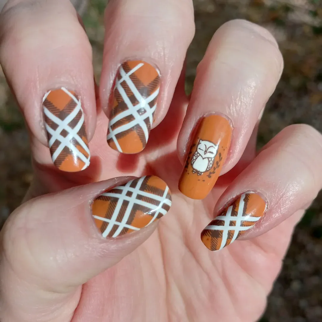Orange plaid with thick white lines and owl accent