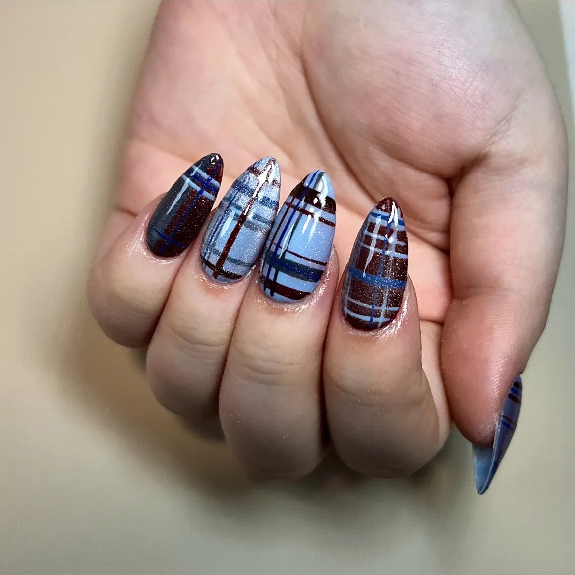 Long blue and brown plaid with layered blocks
