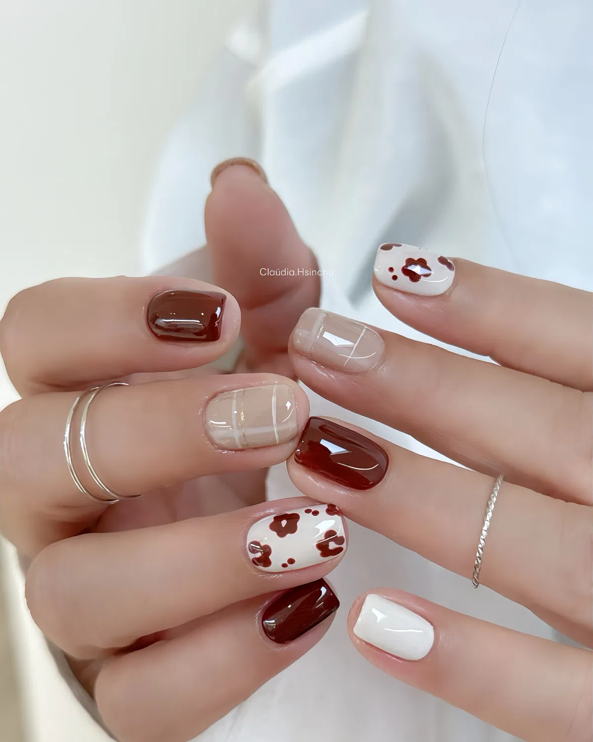 Deep brown solids with grid and spotted accents
