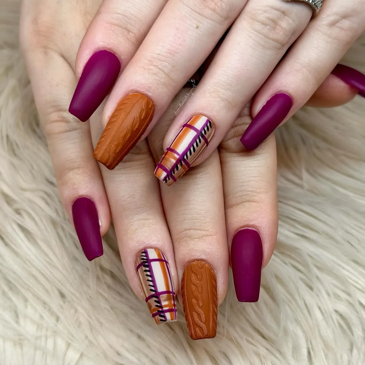 Matte magenta with textured brown and plaid accents
