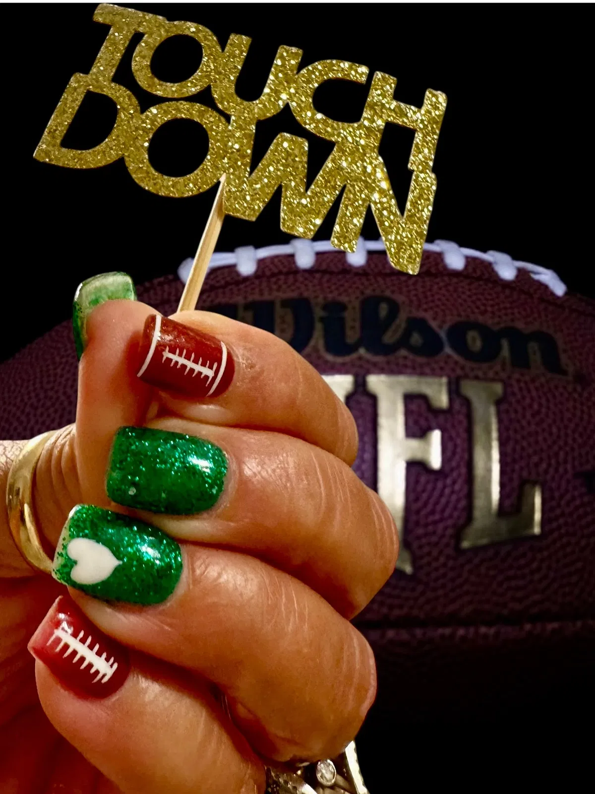 Green Glitter and Red Football-Lace Nails with 'TOUCH DOWN' Prop