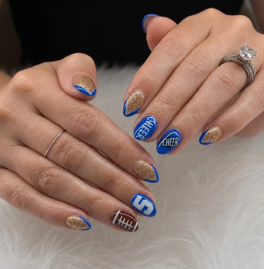Gold Glitter Tips with Blue 'CHEER' and Football Accent